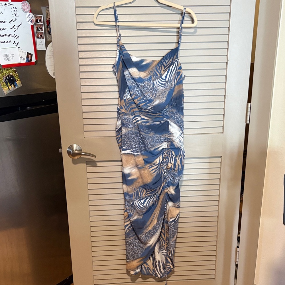 Blue and Cream Abstract Slip Midi Dress - Women's
